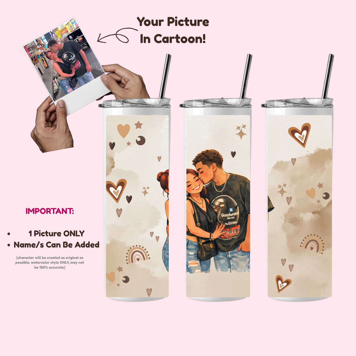 Brown Hearts Custom Watercolor Cartoon 20oz Tumbler